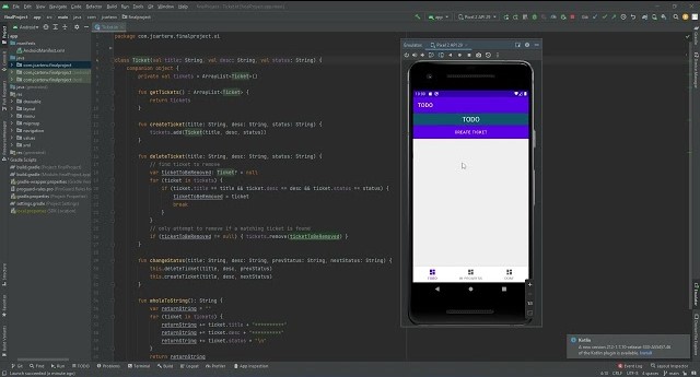 image of android studio with a pixel 4 running my Android Kanban App